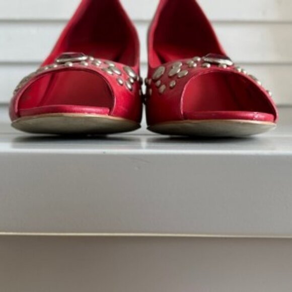 Franco Sarto Fanatic Red Leather Studded Peep Toe Pumps Stacked Heel Size 10M - Picture 6 of 14